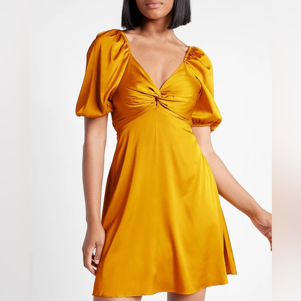 EXPRESS Satin V-Neck Puff Sleeve Twist Front Mini Fit and Flare Dress Golden - Picture 9 of 16